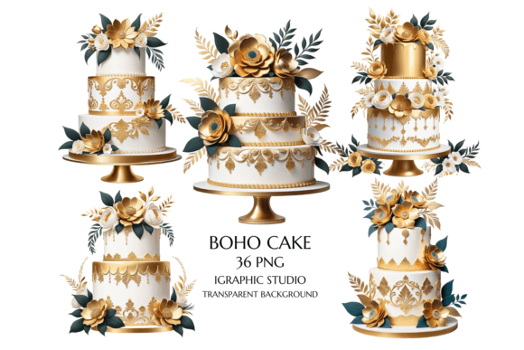 36 Watercolor Boho Wedding Cake Cliparts for Your Designs