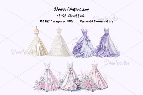 Elegant Wedding Dress Watercolor Clipart PNG Art for Designers