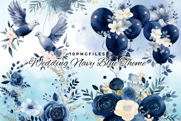 Navy Blue Flowers Wedding Sublimation Designs for Your Projects
