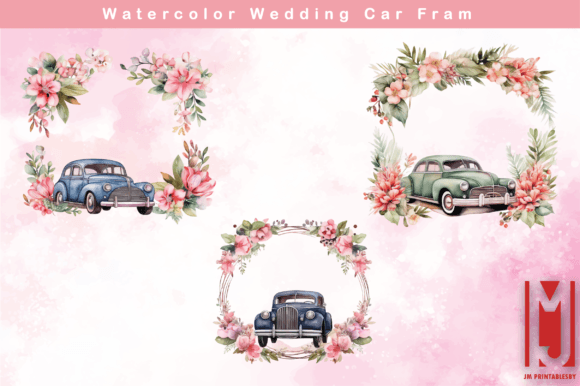 Watercolor Wedding Car Fram: A Dreamy Design Asset