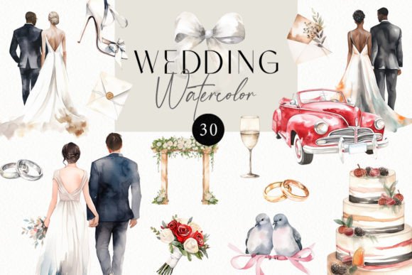 Watercolor Wedding Clipart: Soft Florals, Cakes & Cars
