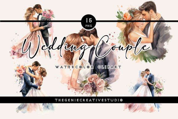 Watercolor Wedding Couple Clipart: 15 Artisan PNGs for Design